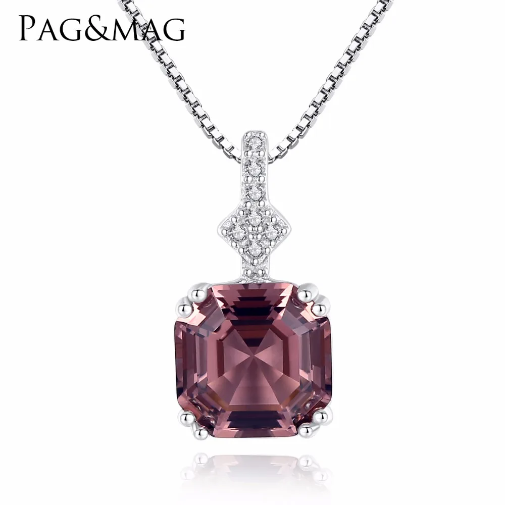 

PAG&MAG Waved Design Topaz Gemstone Square Shape Pendant Necklace 100% 925 Silver Chain Elegant Fine Jewelry for Women/Girl