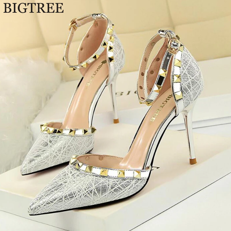 

rivet Mixed Colors Flock Women's High Heels Shoes Pointed Toe Women Shoes Fashion Women Pumps Wedding office shoes woman c610