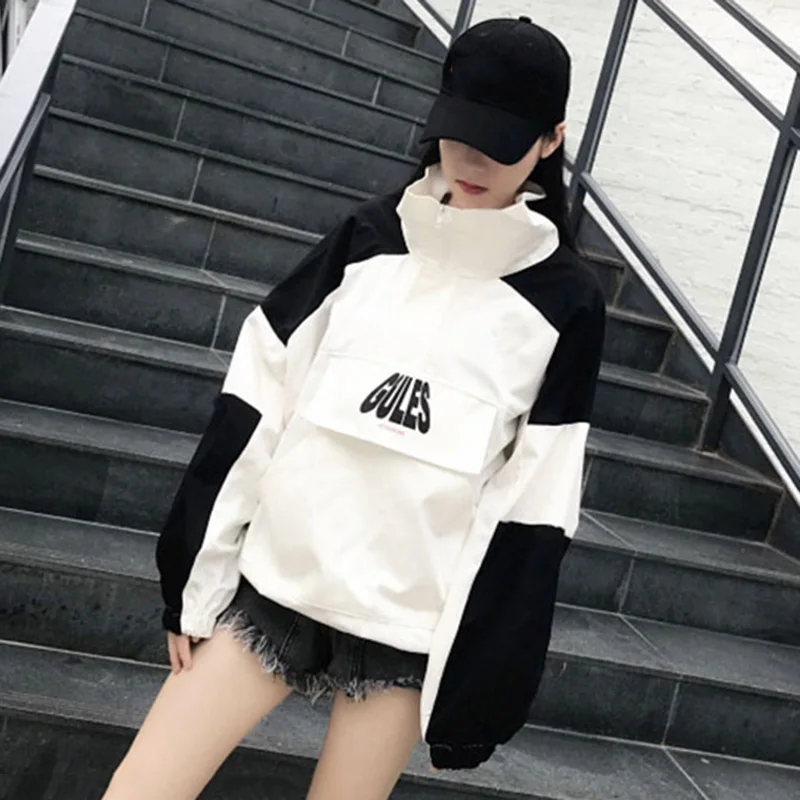 Manteau Hip Streetwear Plus Bf La Roulé Hop Les Patchwork blanc Noir Pour Femelle Taille Lâche Veste Unisexe Mode Col Amateurs Harajuku De BqHYU