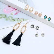 L&H 6Pairs/Set Retro Fashion Women Earrings Set Black Long Tassel Earrings Bohemia Round/Heart/Water Droplet Stud Earrings 2019 insect design stud earrings set 6pairs