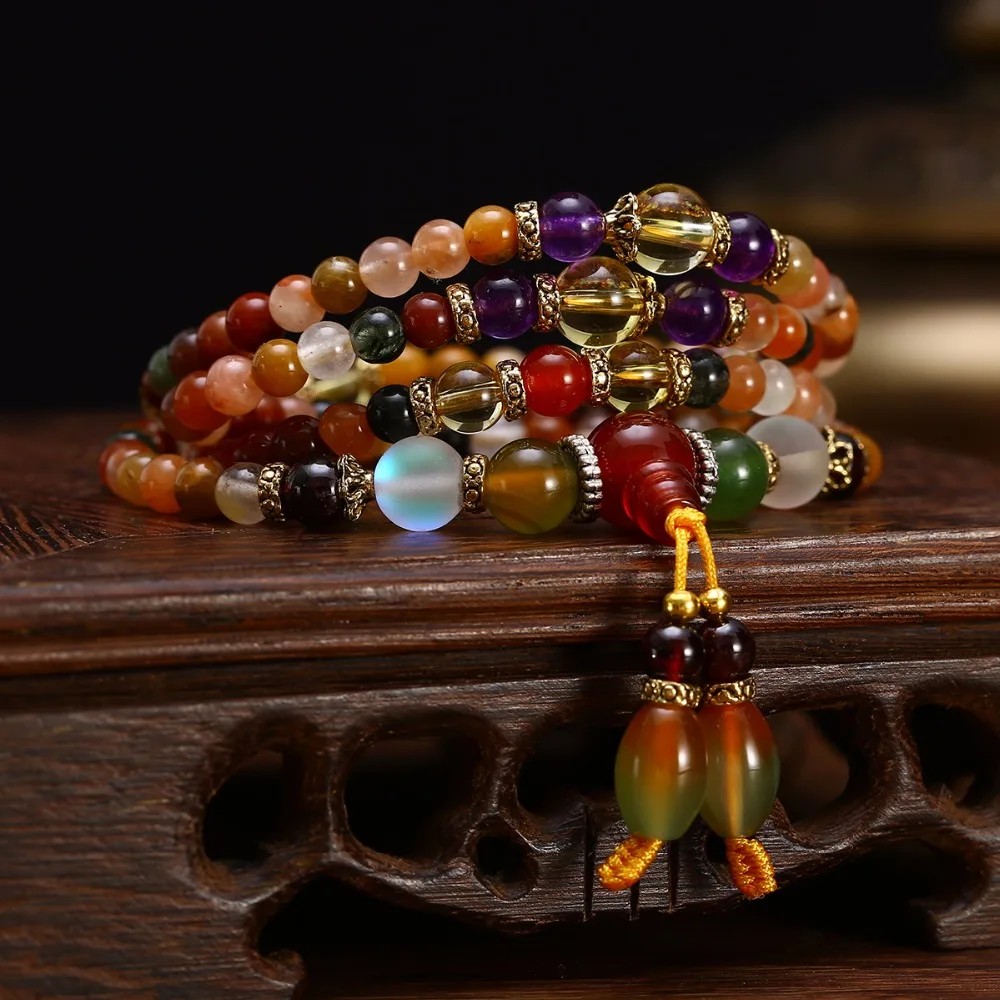 

108Pcs Prayer Bead Mala Bracelet/Necklace Natural Colorful Crystal Quartz Beads Buddhist Necklace Bracelet for Women Girls