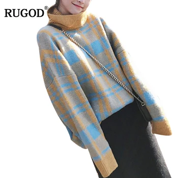 

RUGOD 2018 Fashion Turtleneck Knitted Cashmere Sweater Women Plaid Pullovers Cashmere Long-Sleeved Warm Sweater Jumper Befree
