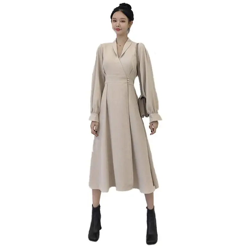 

Women 2019 Spring Autumn V-neck High Waist Dress Female Solid Slim Elegant Dresses Pleated Lantern Sleeve Dresses Vestidos V791