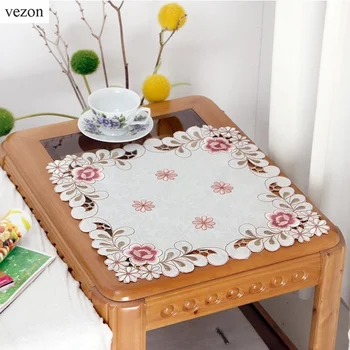

vezon New Hot Delicate Europe Round Elegant Polyester Floral Embroidery Placemat Tablecloth Embroidered Rose Covers