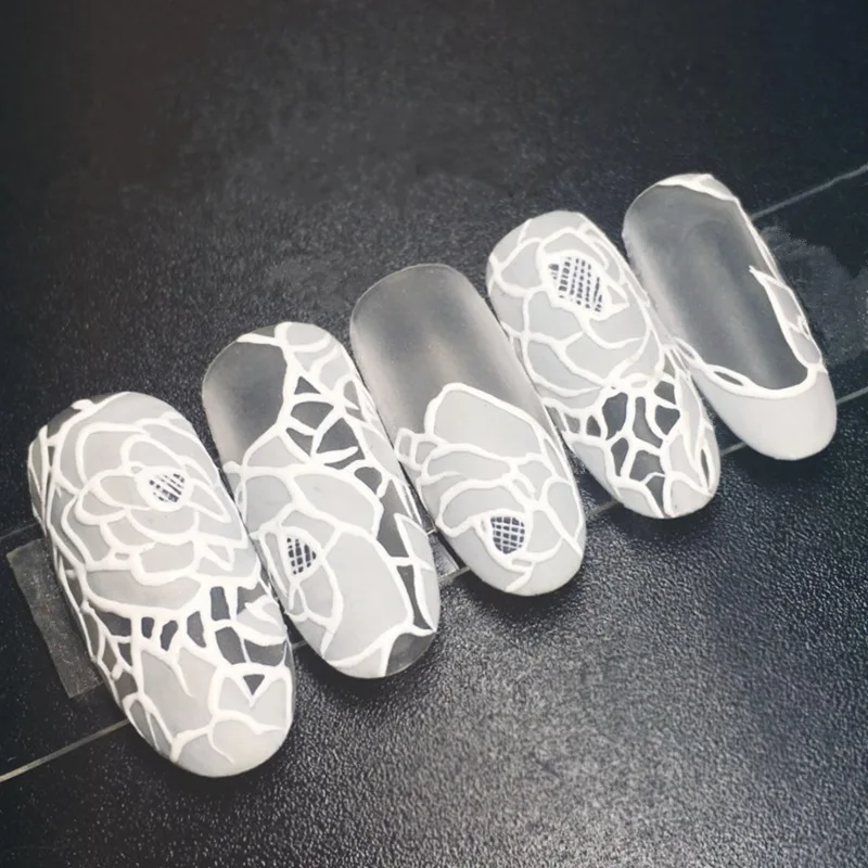 

24Pcs Elegant Bride Fake Nails White Lace Flower Long Oval Artificial Nail Tips with Glue Sticker for Office Home Party Wedding