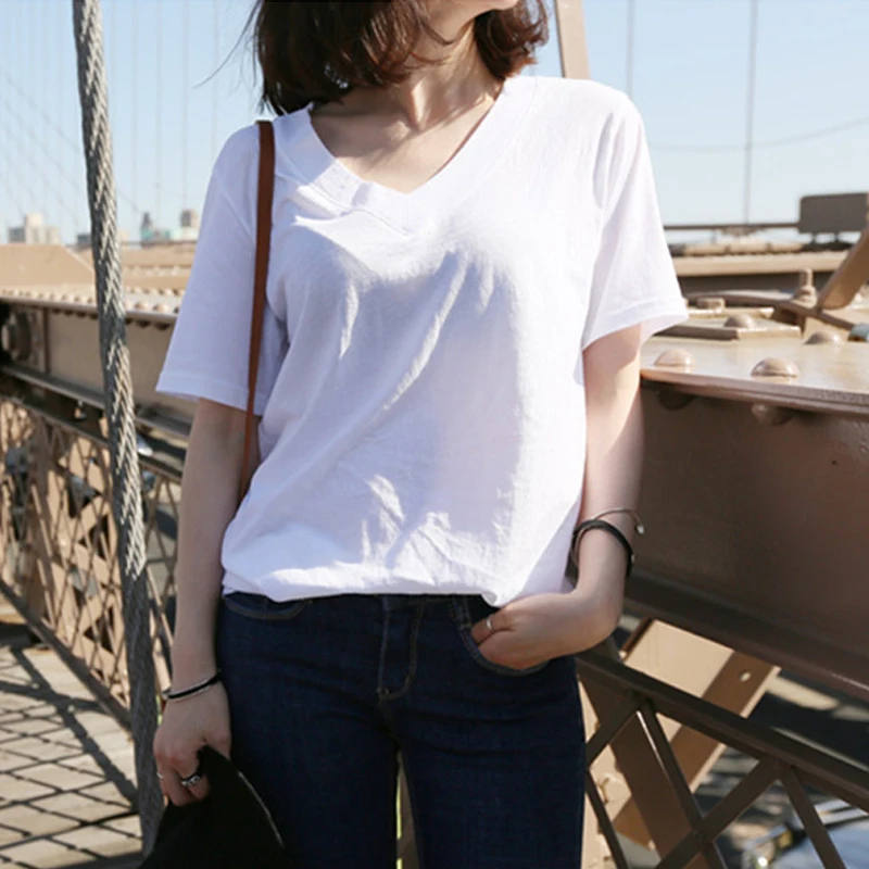 

Summer new white cotton bamboo cotton loose V-neck wild simple Korean half sleeve short-sleeved t-shirt female