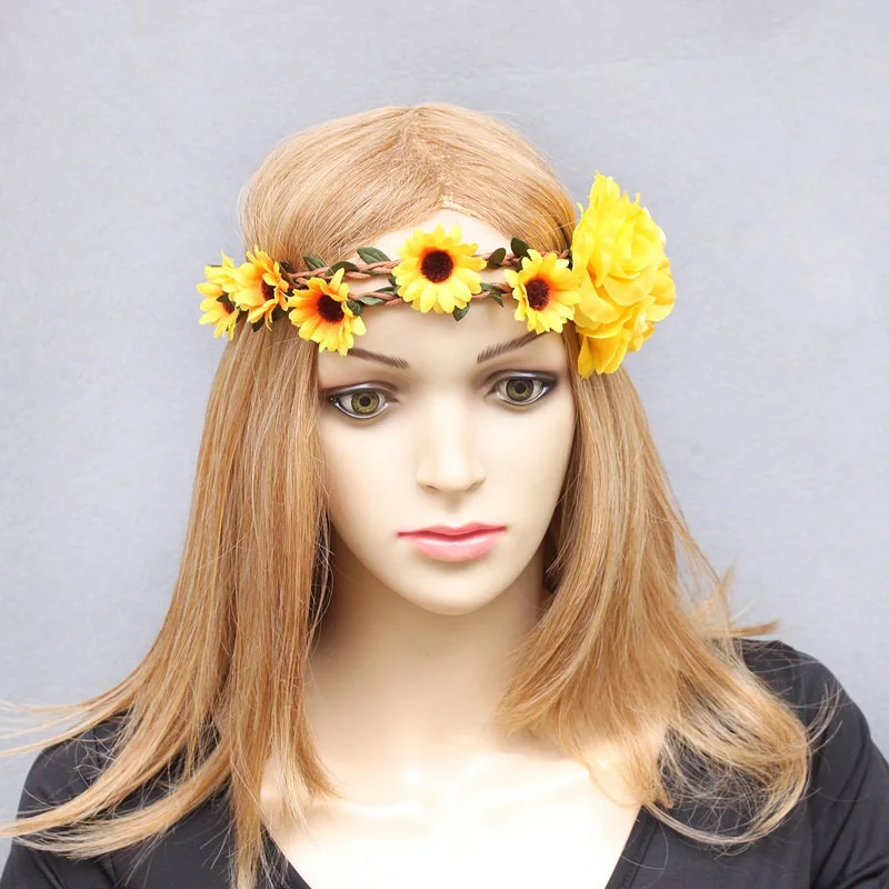 

Sunflower Gradient Festival Wreath Stretch Elasticity Headband Bohemian Orange Floral Flower Crown Wedding Hair Band