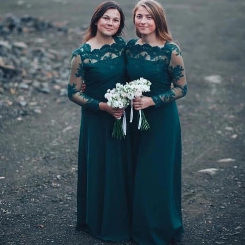 

Illusion Long Sleeves Bridesmaid Dresses Dark Green Lace Formal Party Dress A-line Vestido De Dama De Honra Maid Of Honor Dress