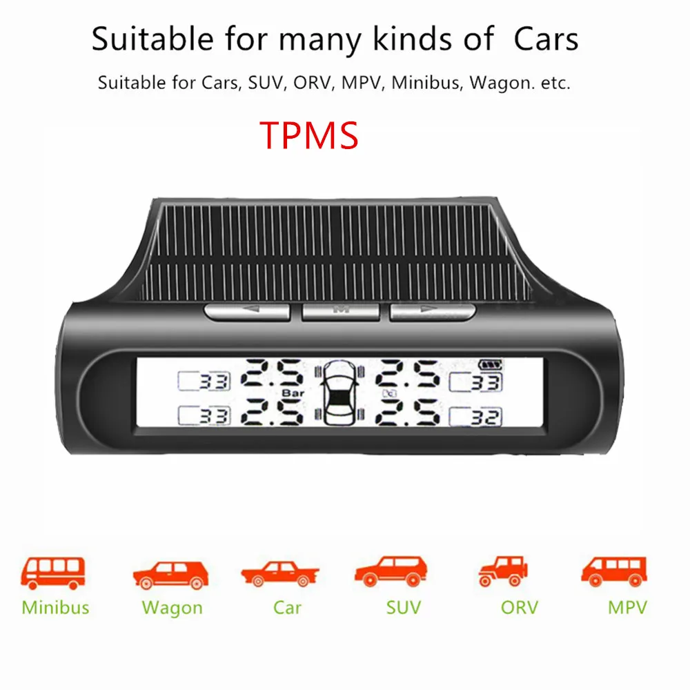 

USB Solar Fast Charging Car TPMS Tire Pressure Monitoring System HD LCD Digital Display Tire Pressure Alarm 4 Wireless Sensors