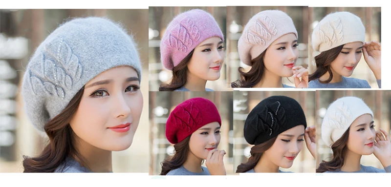 Angora Beanie Women Winter Hat Warm Knit Cap Beret Headwear Double Layer Casual Soft Classic Thermal Snow Outdoor Accessory (2)