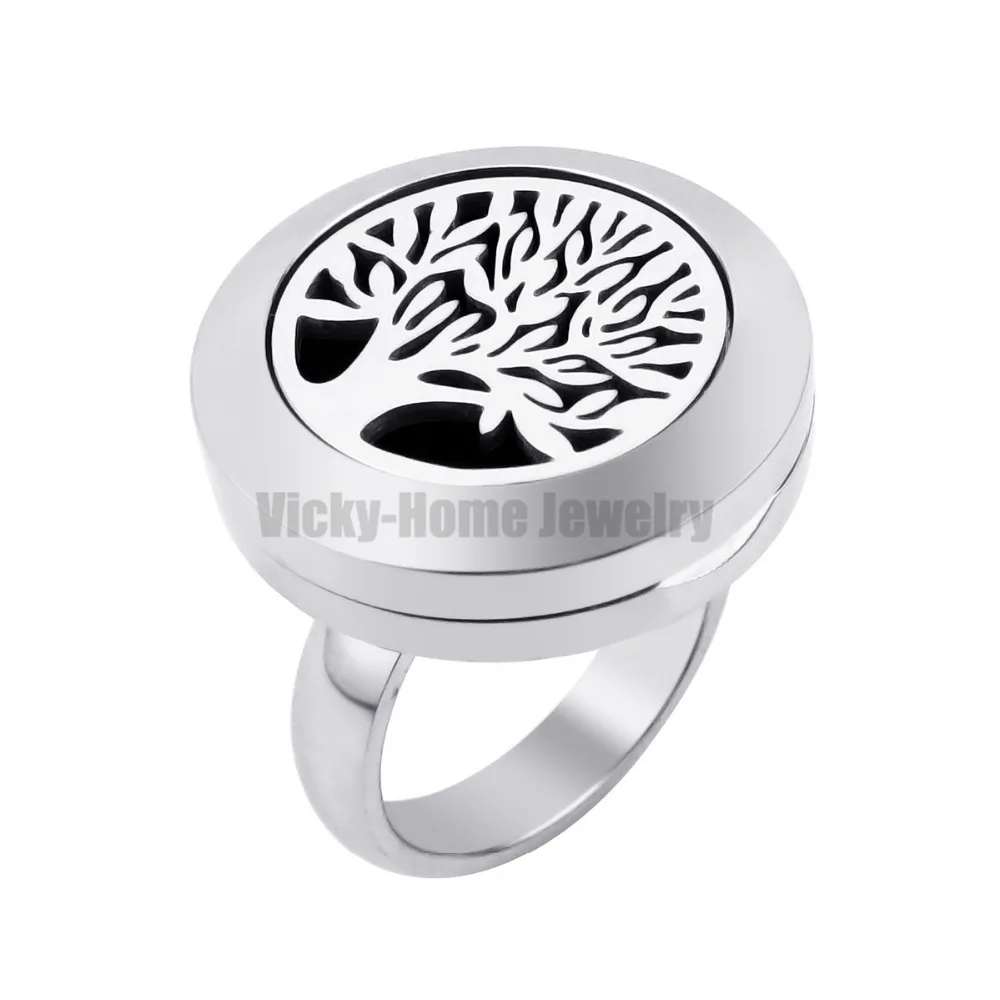 

20mm Tree of Life Diffuser Locket Ring with Crystals Dropship Essential Oils Stainless Steel Aromatherapy Diffuser Locket Ring