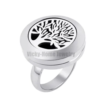 

20mm Tree of Life Diffuser Locket Ring with Crystals Dropship Essential Oils Stainless Steel Aromatherapy Diffuser Locket Ring