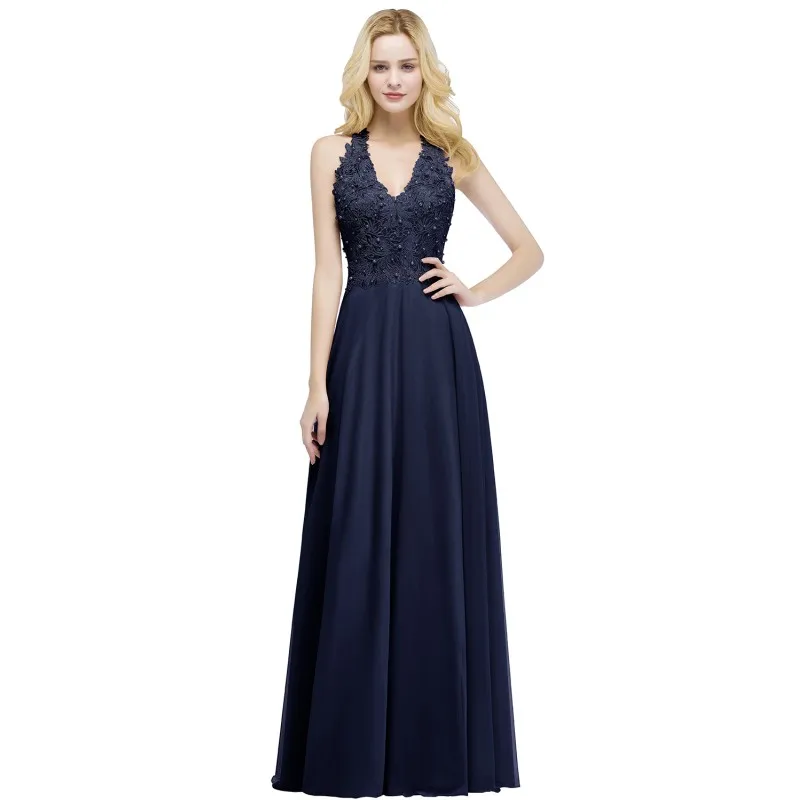 Бордовое шифоновое длинное платье подружки невесты с v-образным вырезом, без рукавов, с аппликацией, свадебное платье, vestido madrinha - Цвет: Navy Blue