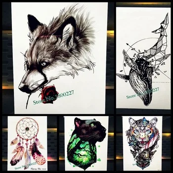 New Fashion Wild Wolf With Rose Tattoo 21x15cm Waterproof Flower Arm Tatoo Body Art For Men Women Fake Temporary Tattoo Stickers