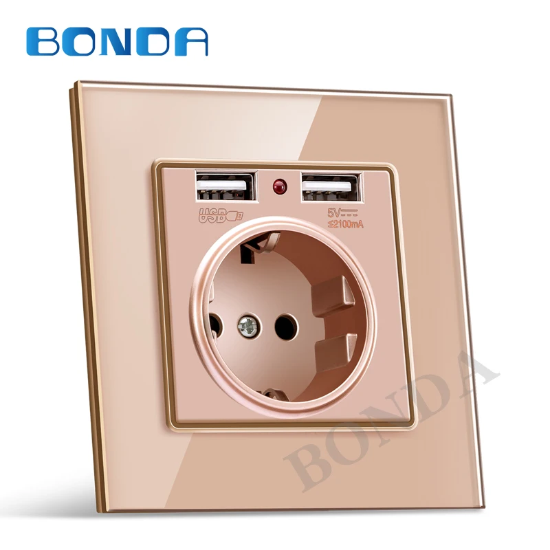 EU wall Power plug Socket with usb outlet, Glass 2A Dual USB Charger plug wall outlet, 16A 2100ma Electrical Wall Power Socket