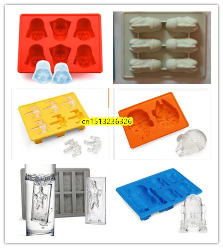Ice Cube Tray 6pc Fondant Death Star Wars Silicone Mold Darth Vader Storm Trooper R2D2 Falcon X-Wing Hans Solo Silicone Mold
