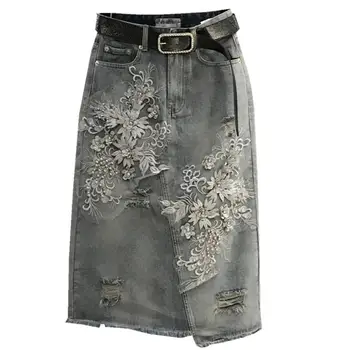 

plus size 5XL!Denim embroidered hole jeans skirt women new high waist heavy work split package hip denim skirt