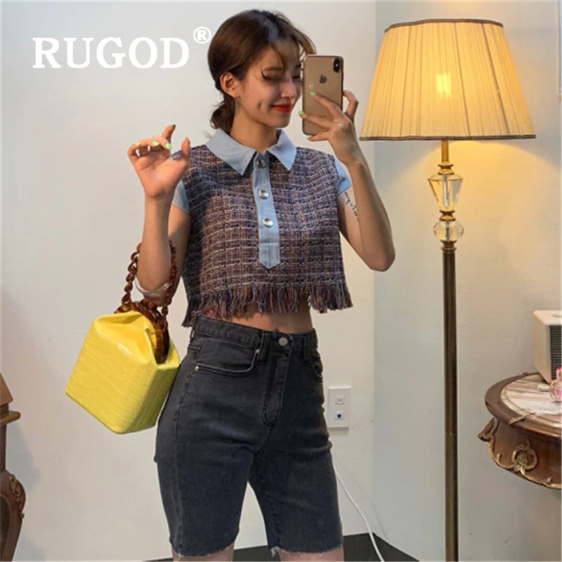 

RUGOD Vintage tassel women shirts Fashion turndown collar patchwork short blouse ladies Korean chic blue tops and blouses female