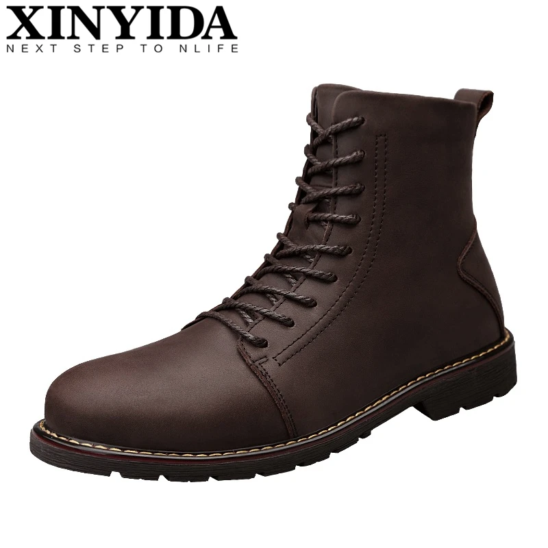 

High Quality Genuine Leather Men Winter Boots Lace Up Warm Plush Men Martin Boots Ankle Botas Fashion Snow Boots Plus Size 38-47