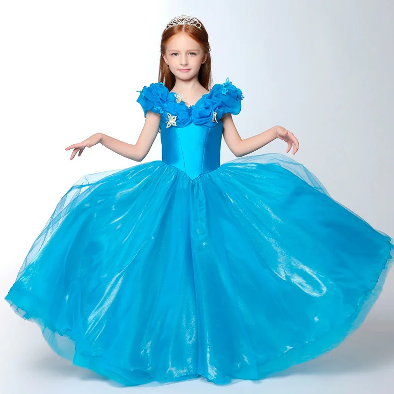 Высокое качество платье принцессы для девочек в стиле Золушки; Нарядное вечернее платье на Хэллоуин Рождественский костюм синего цвета с бабочкой для девочек Подарки на день рождения
