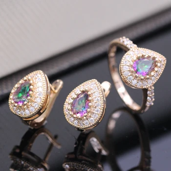 

GZJY Fashion Jewelry Set WaterDrop Rainbow Colorful Zircon Gold Color Ring Earrings Set For Women Birthday Gift 3colors