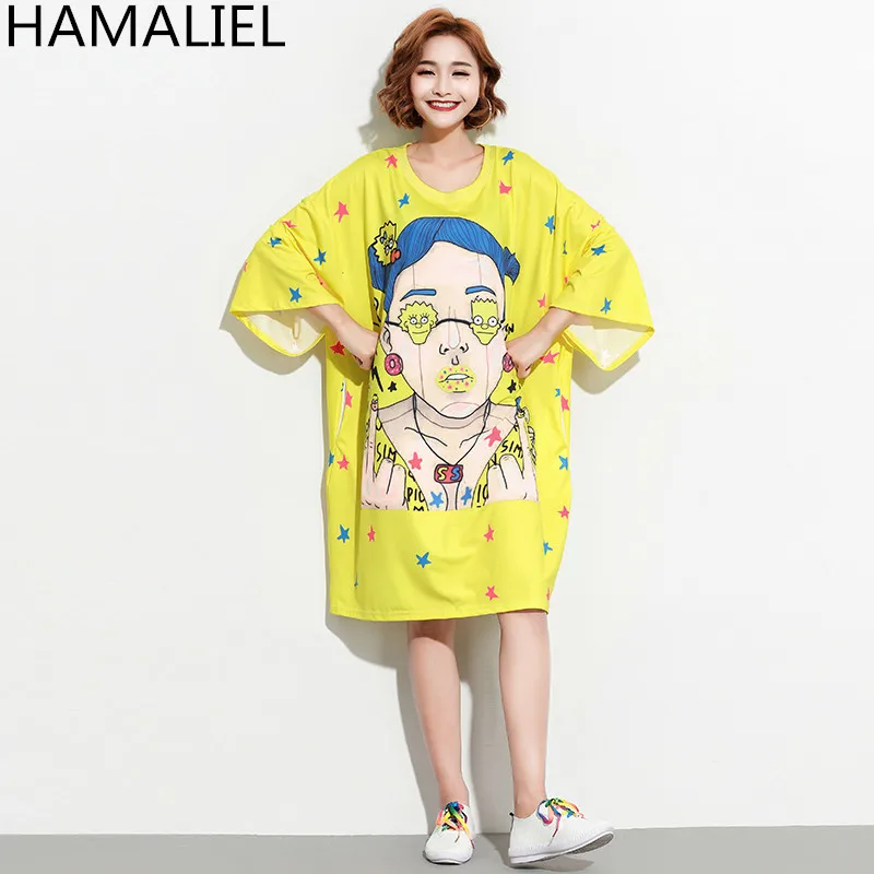 

HAMALIEL Harajuku New Summer T Shirt Dress 2018 Oversize Yellow Print Character Loose Dress Casual Short Sleeve Straight Dress