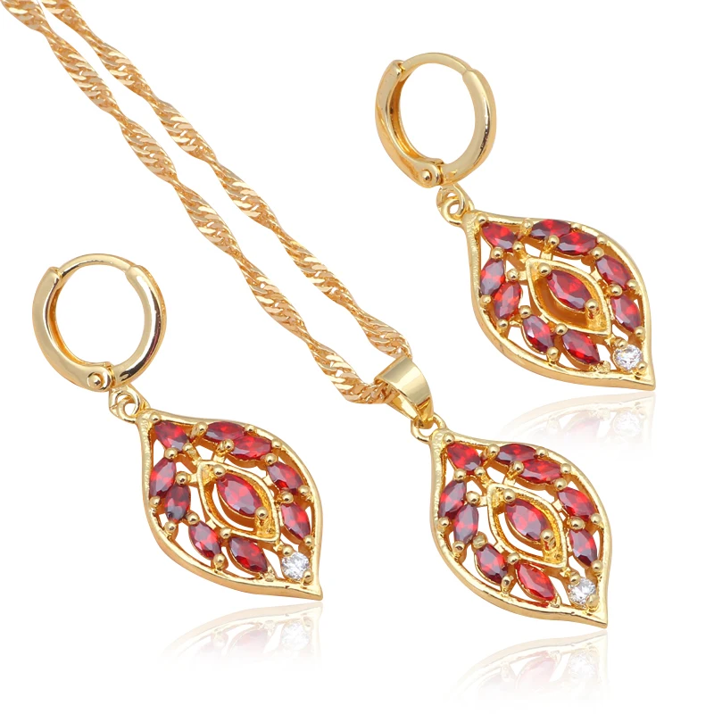 

Royal design gold tone Necklaces & Pendants Drop Earrings Wedding jewelry sets Red Crystal Fashion jewelry JS587A