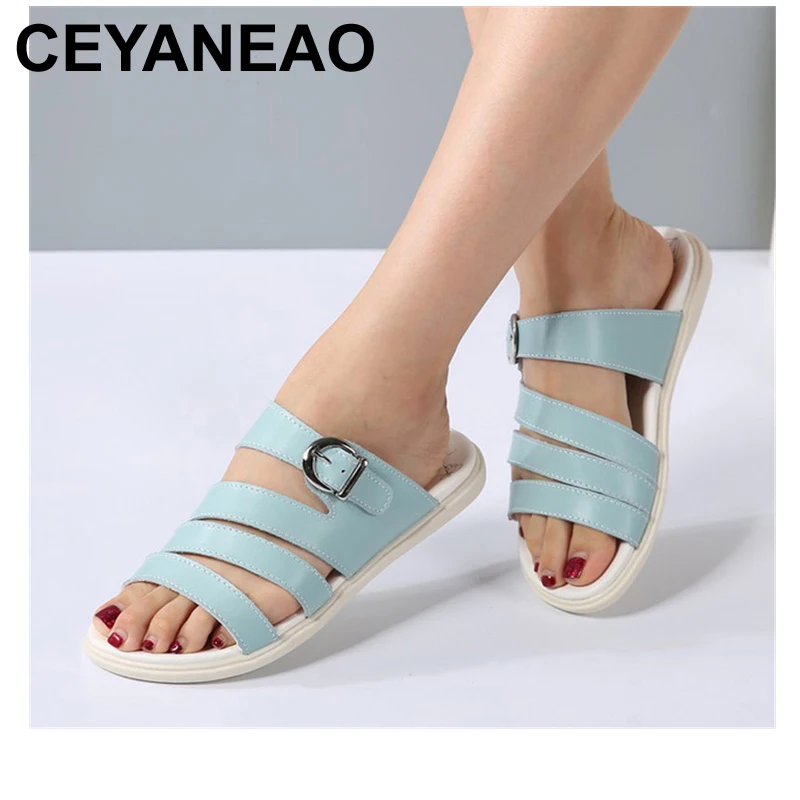 

CEYANEAO Women flats slippers Leather slip-on round toe strap Buckle shoes ladies casual soft flip flops Summer Slides 256