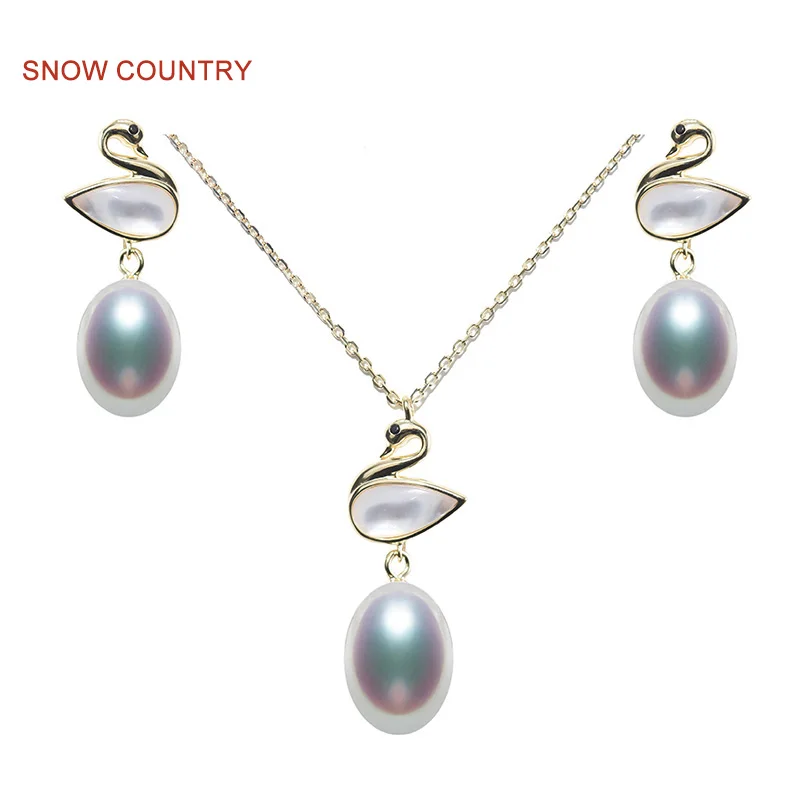 

SNOW COUNTRY Fashion Jewelry Set for Bride Wedding Gift Real Freshwater Pearls Swan Earrings Necklace Pendent Free Shipping