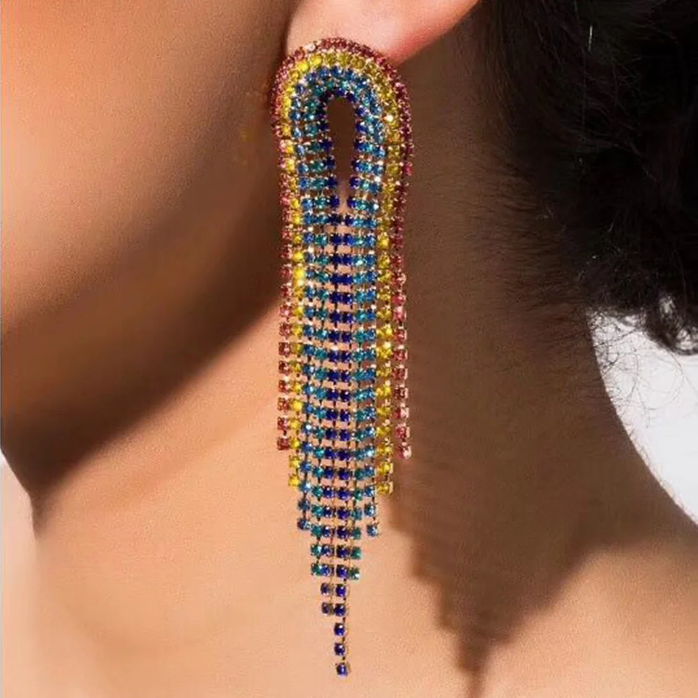 

JOUVAL Ethnic Exaggeration Crystal Large Drop Earrings For Women Luxury Geometric Tassel Hanging Earrings Statement Boho Jewelry