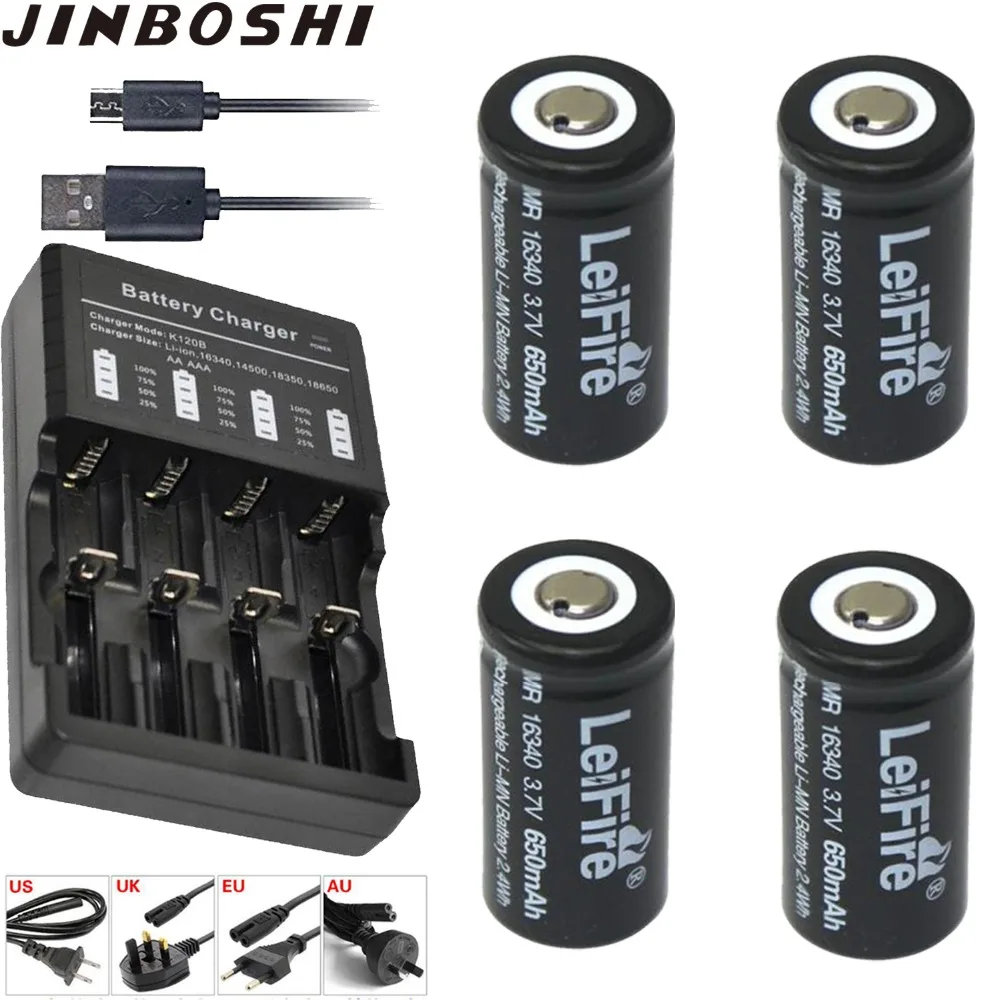

4pcs 650mAh Rechargeable 3.7V Li-ion 16340 Batteries CR123A Battery For LED Flashlight +USB Charger For 16340 CR123A Battery