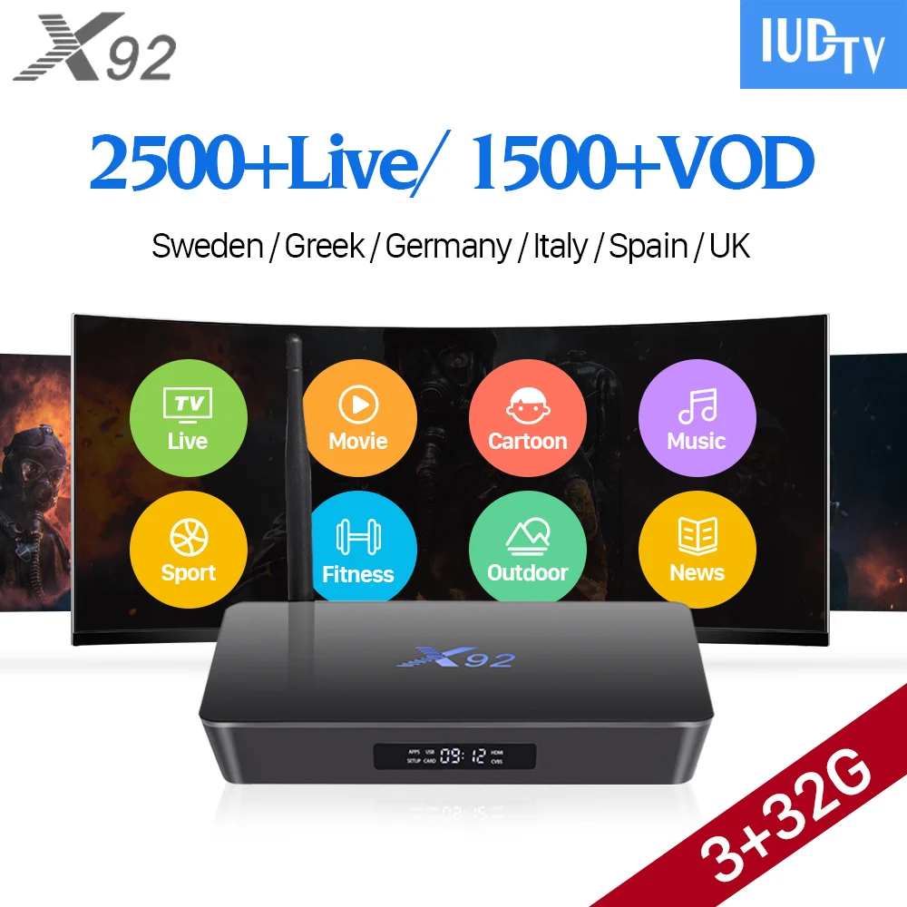 4K Spain IPTV Europe 3GB X92 Smart Android 7.1 IP TV Box S912 2500+ IUDTV IPTV Spain Italia Norway Denmark Arabic IPTV Top Box