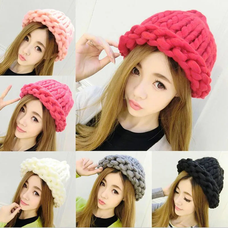 Solid Adult Casual Cotton Acrylic Rushed Fashion Winter Wool Hats Hand Coarse Knitted Hat