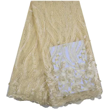 

2018 Fashion Design Embroidery Mesh Tulle Lace Fabric 5 Yards Beaded African Lace Fabrics Wholesale For Wedding Party Dress 1300