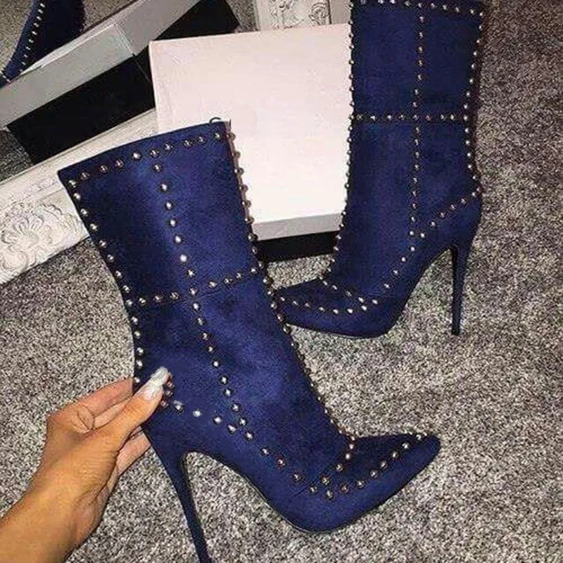 Blue Rivet Studded Ankle Boots Women 