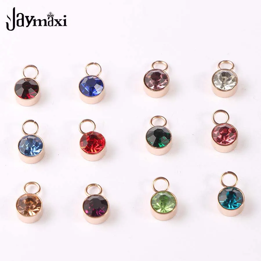 

Jaymaxi Stainless Steel Birth Stones Pendant 6mm Rose Gold Color Rhinestones 12 Birthstone Charms for Jewelry Making 12pcs/lot