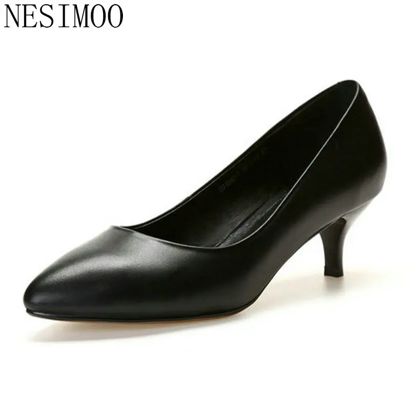 

NESIMOO 2018 Women Pumps Different Thin Heels Party PU+Cow Leather Fashion All Match Med Heels Office Ladies Shoes Size 34-42