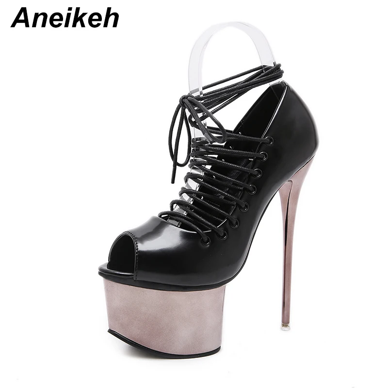 

Aneikeh 2018 Pumps Women High Heels Sexy Peep Toe Lace Up Patent Leather Gladiator Very High Heel Pumps Shoes Size 34-40