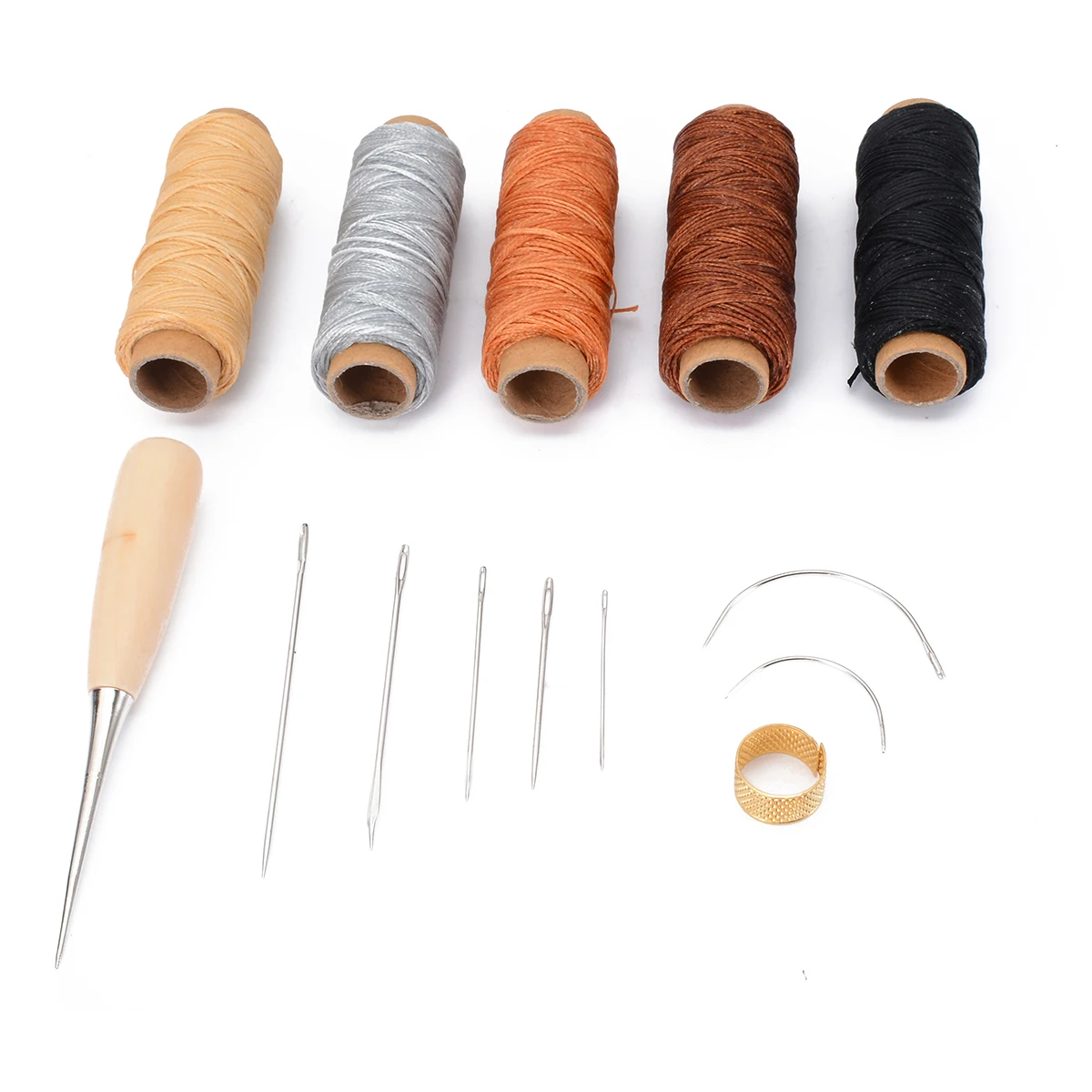 Mayitr 14pcs/set Hand leathercraft Tool Set with Needle Leather Waxed Thread Cord Drilling Awl and Thimble for Leather Repair