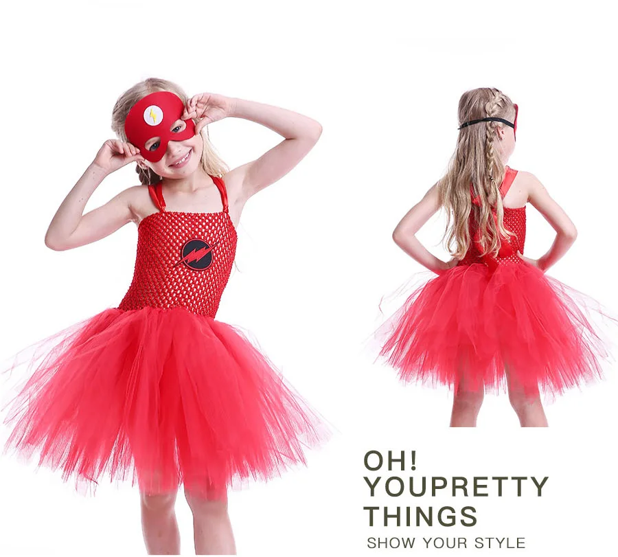 Girl Flash Inspired Superhero Tutu Dress Costume with Mask Kids Birthday Party Halloween Purim Clothing Cosplay Photo Props Dress (8)