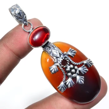 

Agates,Garnets Pendant Silver Overlay over Copper, 73 mm , P5343
