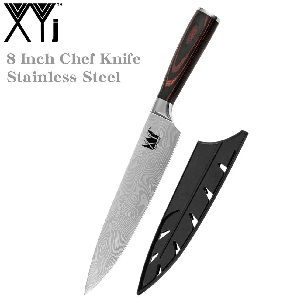 NO.7 XYj 8 inch Stainless Steel Chef Knife Damascus Pattern Blade Color Wood Handle Kitchen Cooking Knives Meat Fish Tools Accessory - Color: NO.7