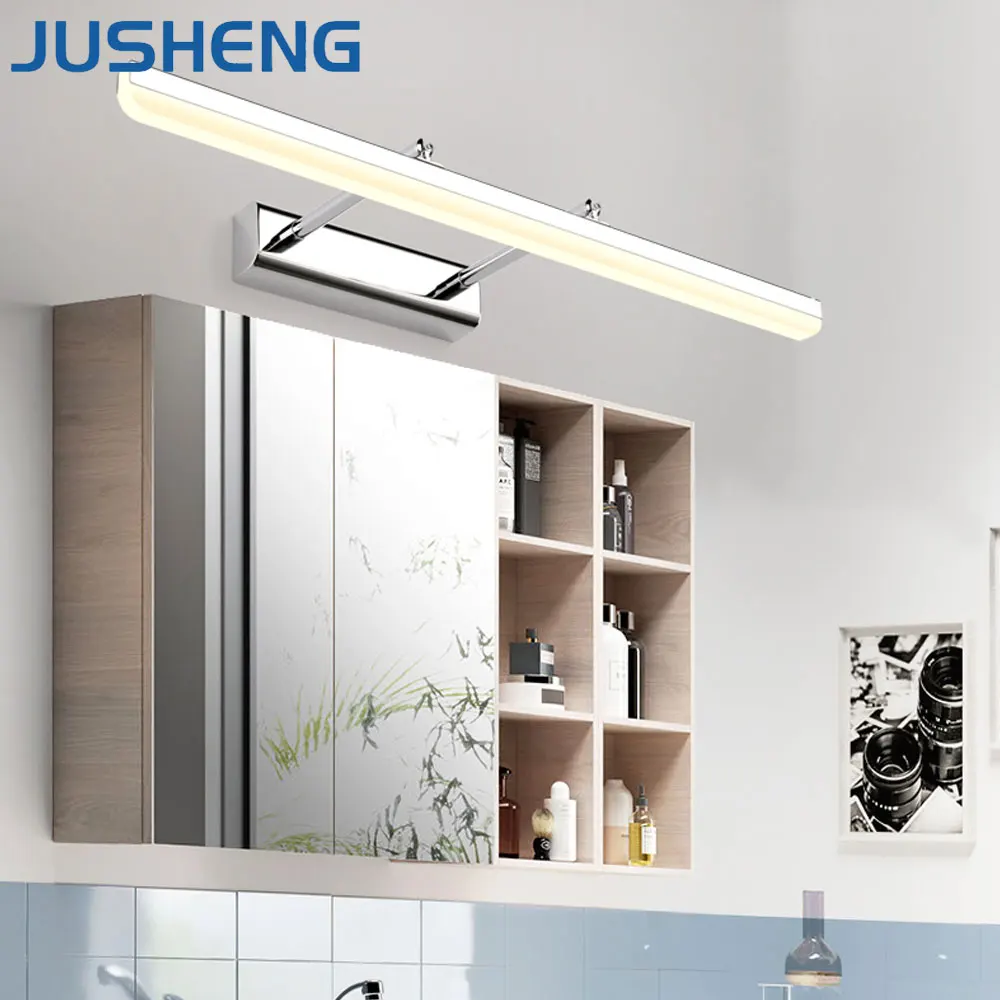 Современный светодиодный настенный светильник JUSHENG с хромированной отделкой для ванной комнаты 90 см 70 см 60 см 50 см 40cn длинный светодиодный светильник с изображением 220 В