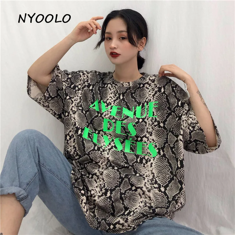 

NYOOLO Novelty streetwear serpentine letters print t shirt loose short sleeve O-neck summer T-shirts for women clothing tops tee