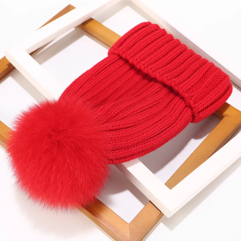 Real Fur Hat Knitted Real fox hair bulb Pom Pom Hat Women Winter Hat Unisex Kids Warm with wool Chunky Thick Stretchy Knit hat