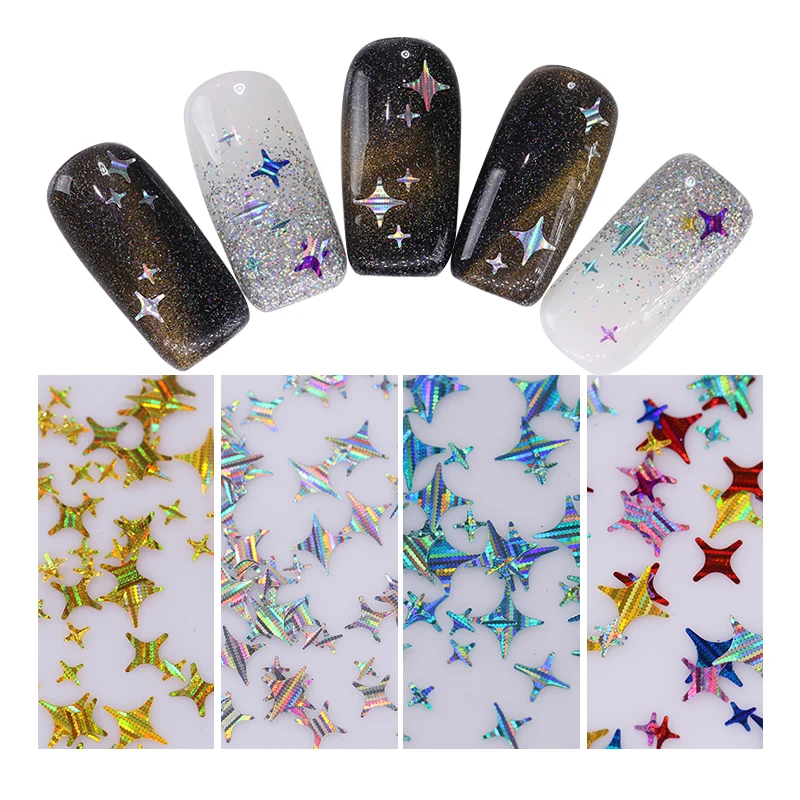 

NICOLE DIARY Holographic Nail Sequins Gold Silver Four Angle Stars Laser Multi-size Nail Art 3D Decoration 1 Box