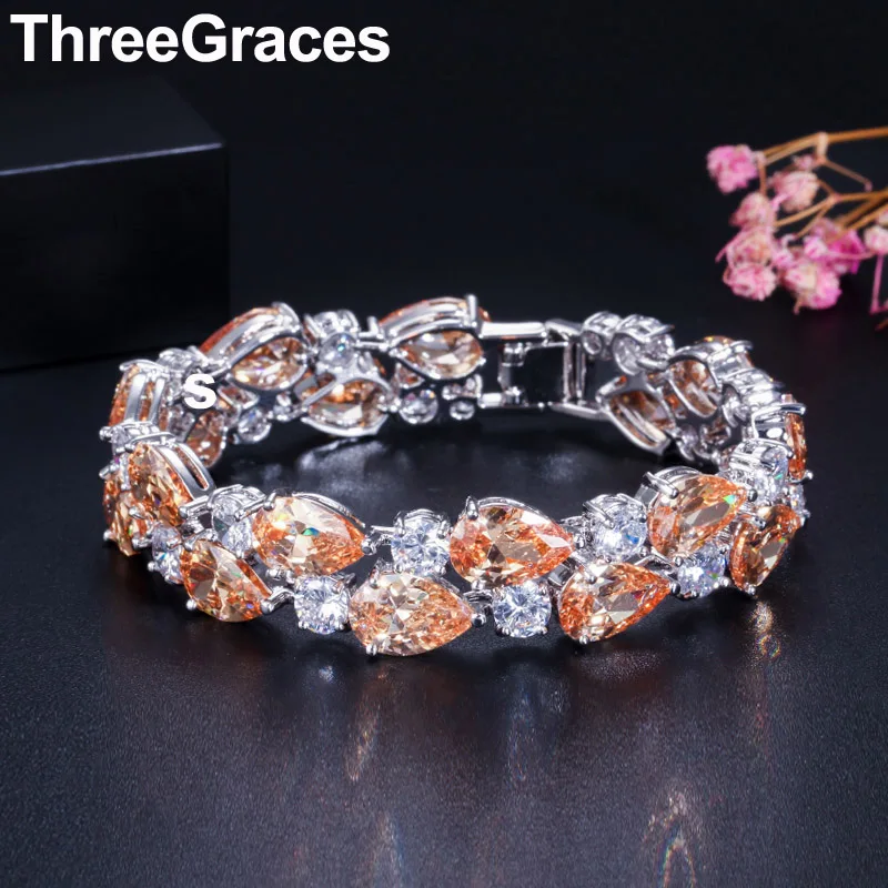 

ThreeGraces Austrian Design Multi Shape Champagne And White Cubic Zirconia Crystal Big Charm Bracelets For Women BR011