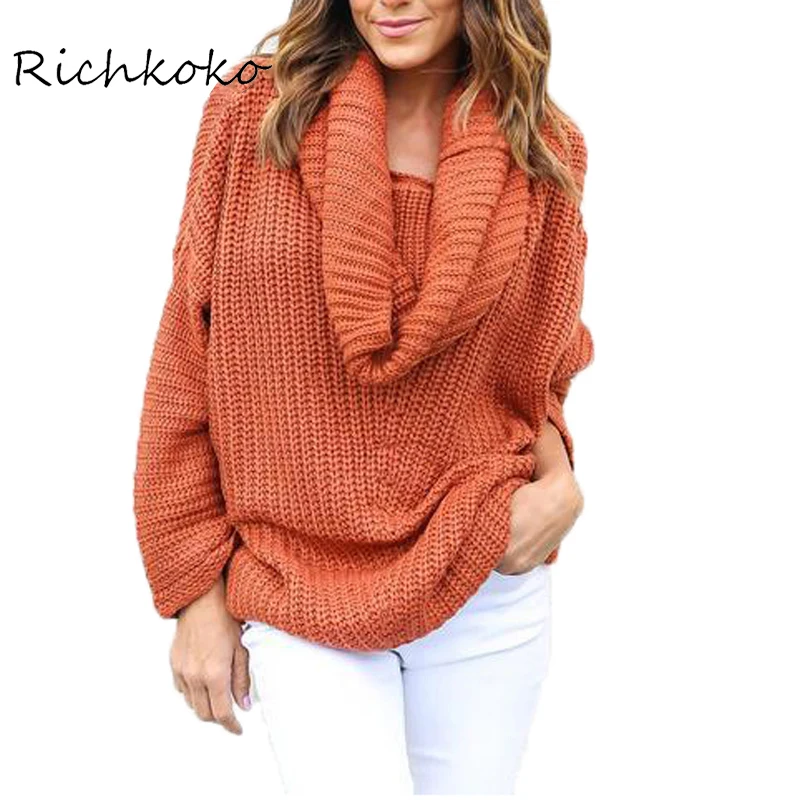 Image Richkoko Apparel Solid Orange Roll Neck Oversize Knitted Sweater Long Sleeve Cowl Neck Loose Sweater Casual Leisure Pullover