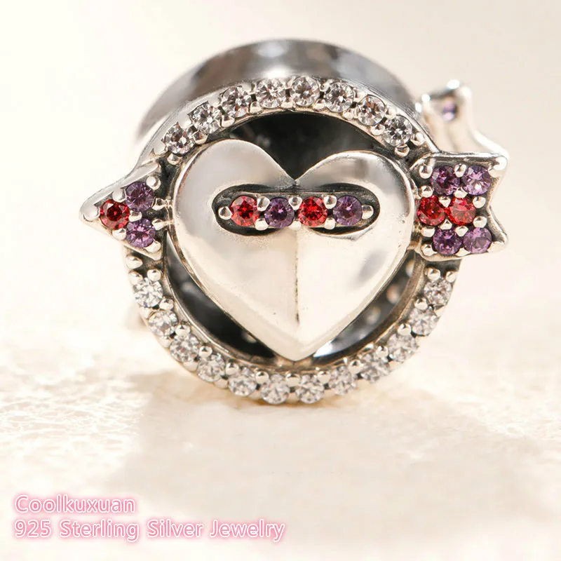 

925 Sterling Silver Sparkling Arrow & Heart Charm , Red & Clear CZ beads Fit Original Pandora Bracelet DIY Valentine's Day