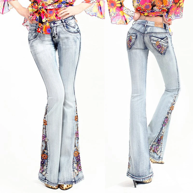 

Autumn Spring Fashion Vintage Woman Grey Embroidery Beading Stretch Denim Trousers , Fall Slim Elastic Jeans Pants For Women